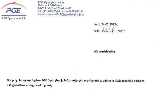 Fałszywe pisma z PGE Dystrybucja