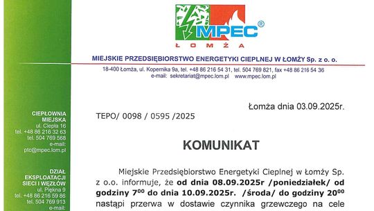 Przerwy w dostawie ciepłej wody w Łomży. MPEC zapowiada prace remontowe