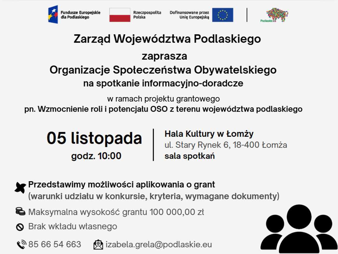 Granty do 100 tys. zł dla organizacji pozarządowych. Spotkanie informacyjne w Łomży Granty do 100 tys. zł dla organizacji pozarządowych. Spotkanie informacyjne w Łomży
