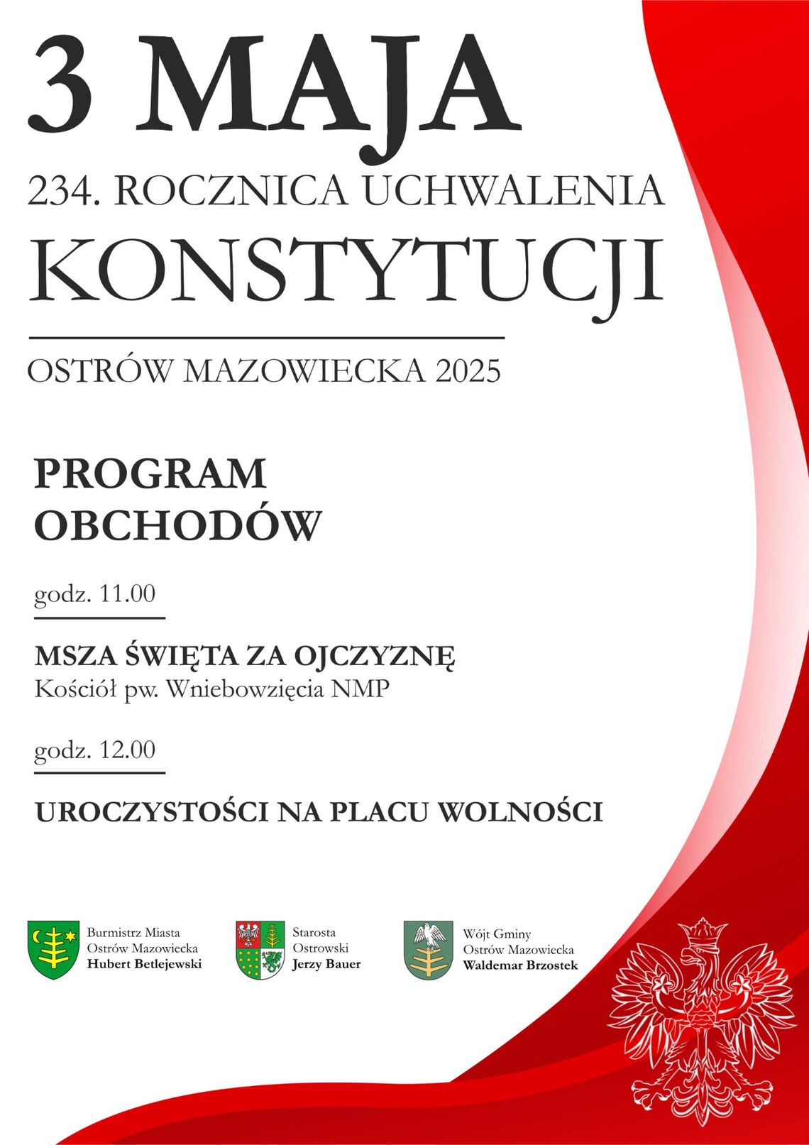 Ostrów Mazowiecka uczci 234. rocznicę uchwalenia Konstytucji 3 Maja Ostrów Mazowiecka uczci 234. rocznicę uchwalenia Konstytucji 3 Maja