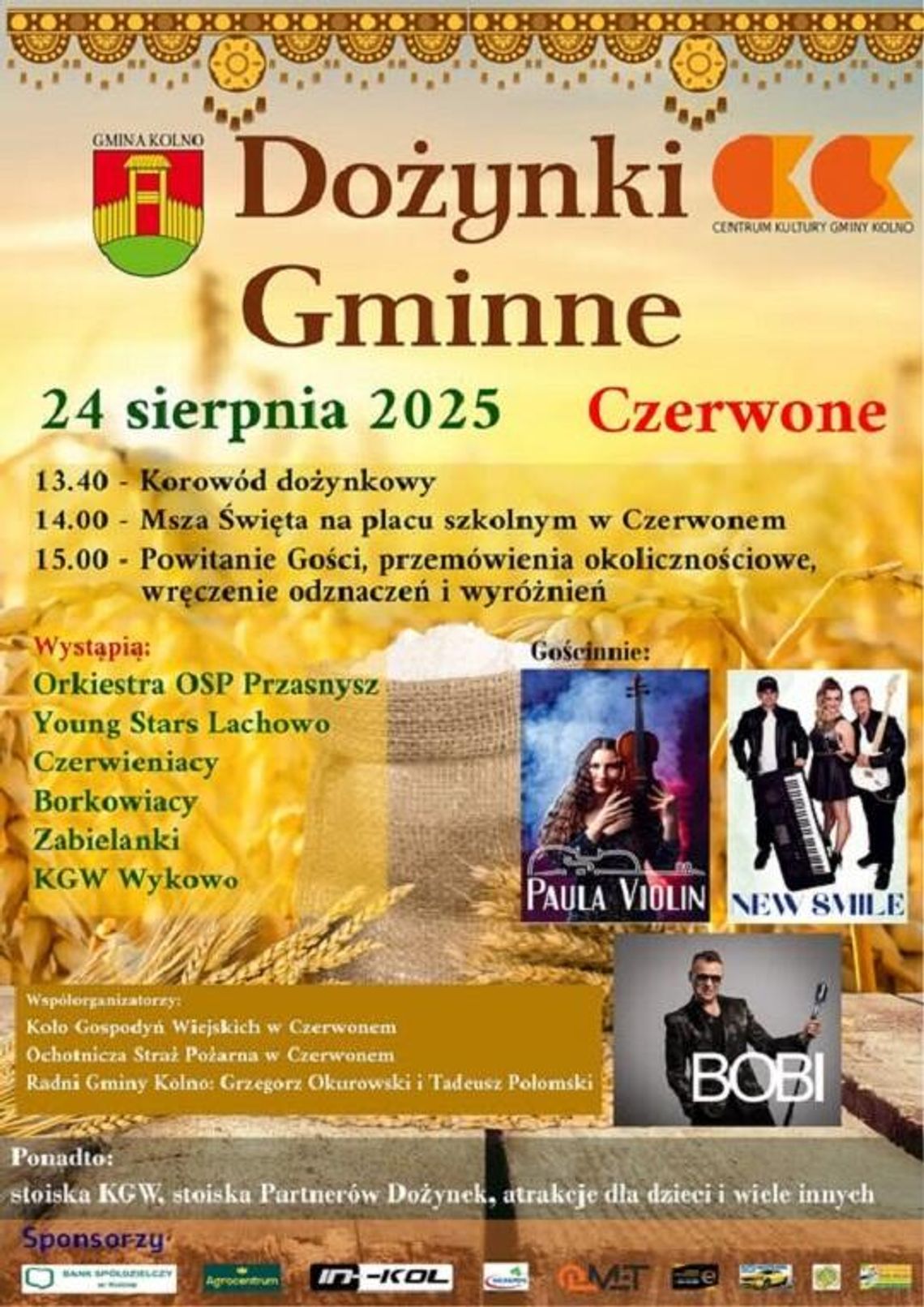 Serdecznie zapraszamy na Dożynki Gminne, które odbędą się 24 sierpnia w Czerwonem !