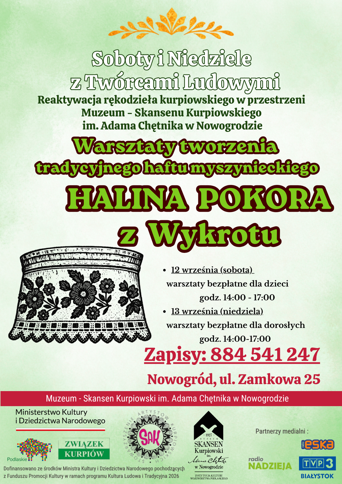 Tradycyjny haft myszyniecki – bezpłatne warsztaty w Skansenie Kurpiowskim w Nowogrodzie Tradycyjny haft myszyniecki – bezpłatne warsztaty w Skansenie Kurpiowskim w Nowogrodzie